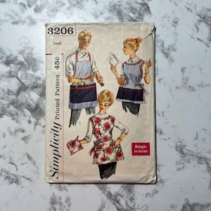 May include: Simplicity sewing pattern number 3206 for a simple to make apron. The pattern includes three different styles of aprons, one with a floral print, one with blue and white stripes, and one with a solid blue color. The pattern is for size 45c.