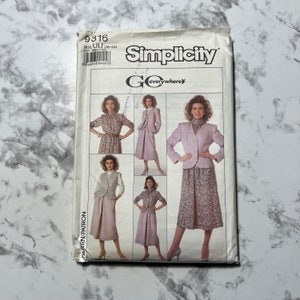 May include: Simplicity sewing pattern number 9316 for sizes 16-22. The pattern includes instructions for making a skirt and jacket. The pattern shows four different models wearing the skirt and jacket in various colors and patterns.