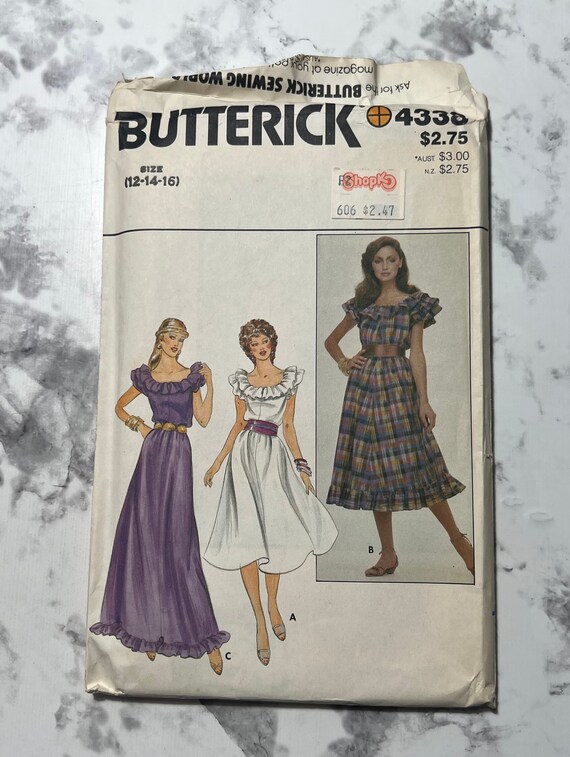 80s Misses Dress Pattern, Loose Fitting Dress Pattern with Ruffled Neck and Hem, Butterick 4338, Size 12-14-16, 26.5"-28"-30" Waist, Uncut