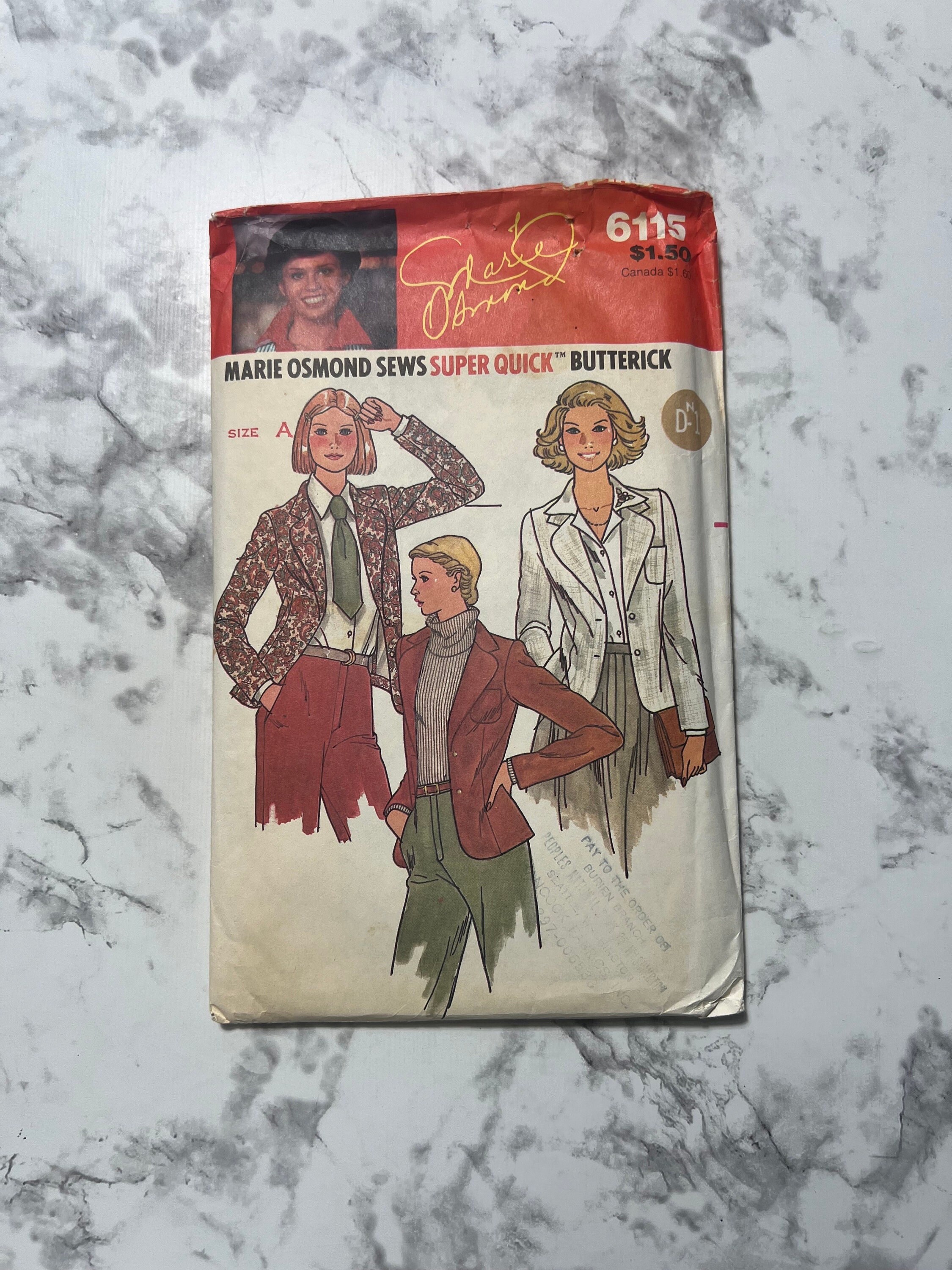 70s Marie Osmond Sews Super Quick Easy Misses Jacket Pattern, Blazer Pattern, Butterick 6115, Size A 8-10-12, 31.5"-32.5"-34" Bust, Cut