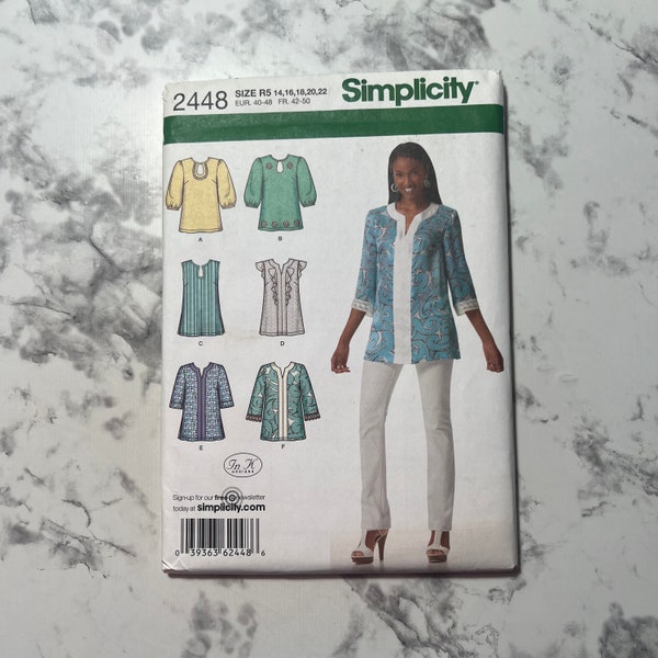 Misses' Tunic Pattern with Neckline, Sleeve, and Trim Variations, Loose Fitting Blouses Pattern,  Simplicity 2448, Size R5 14-22, Uncut