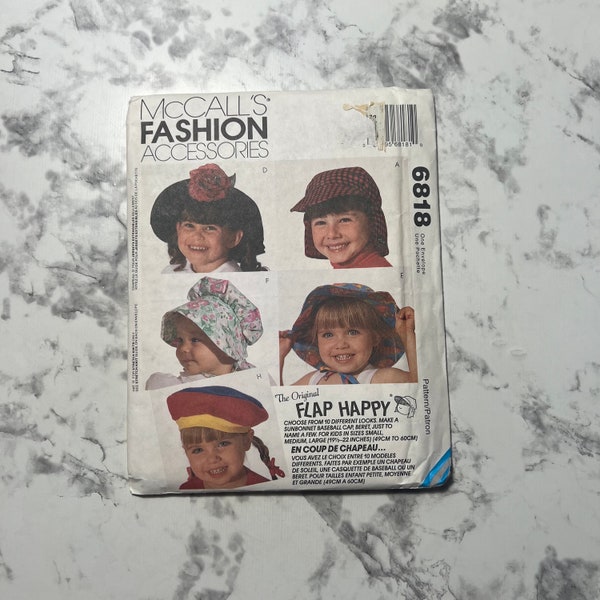 90s Fashion Accessories Pattern, The Original Flap Happy Hat Pattern, Children's Hats with Ear Flaps, McCall's 6818, One Size, Uncut