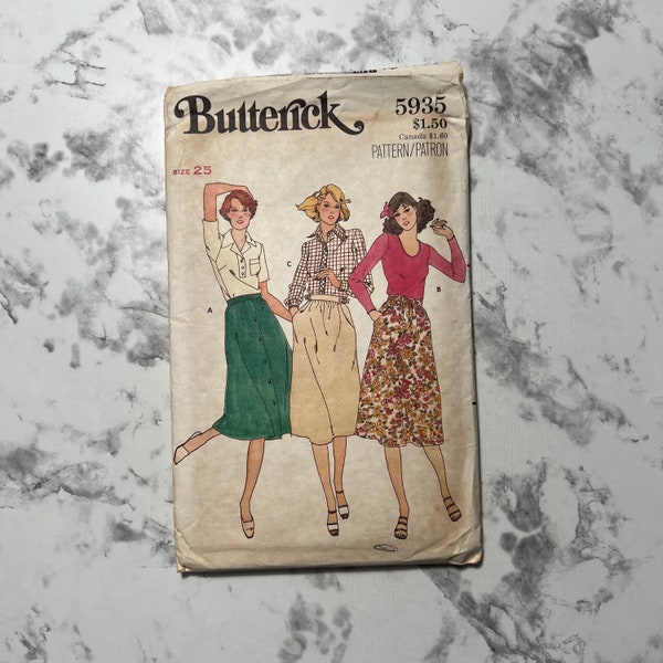 70s Misses' Skirt Pattern, Flared A Line Button Front Below the Knee Length Skirt Pattern with Pockets, Butterick 5935, 25" Waist, Cut