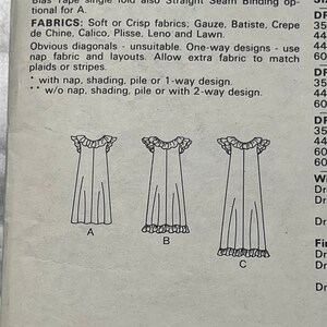 May include: A sewing pattern for a loose-fitting dress with self ruffle trim. The pattern includes three lengths, a button and thread loop closing, and a purchased belt. The pattern is for sizes 35, 44, and 60.