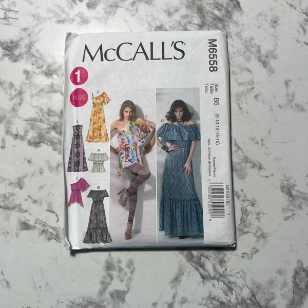 Misses'/Women's Tops and Dresses Pattern, Off the Shoulder or Asymmetrical Dress or Blouse, McCall's M6558, Size B5 8-10-12-14-16, Uncut