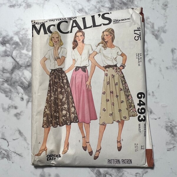 70s Quick and Easy Misses Set of Skirts Pattern, High Waisted Flared A Line Skirt Pattern, McCall's 6493, Size 12, 26.5" Waist, Uncut