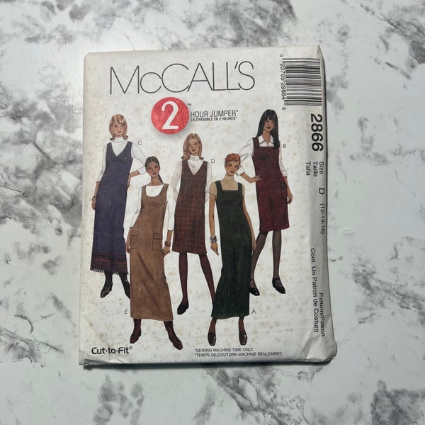 Early 2000s 2 Hour Jumper Pattern, Misses'/Miss Petite Jumper Pattern in 2 Lengths, Sleeveless Dress, McCall's 2866, Size D 12-14-16, Uncut