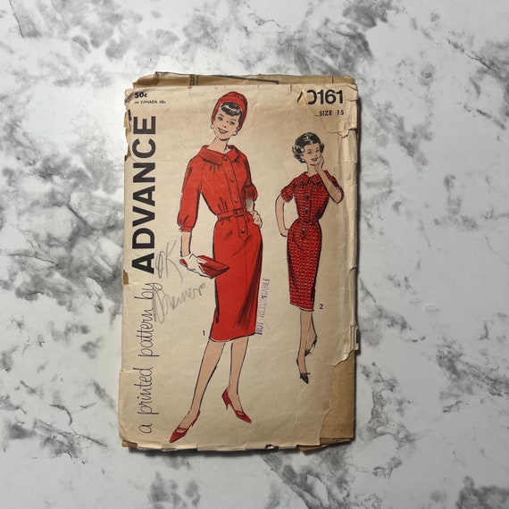 50s Junior and Misses' One-piece Dress Pattern, Fitted Shirt Dress Pattern  With Sleeve Variations, Advance 9161, Size 15 Junior, Cut - Etsy