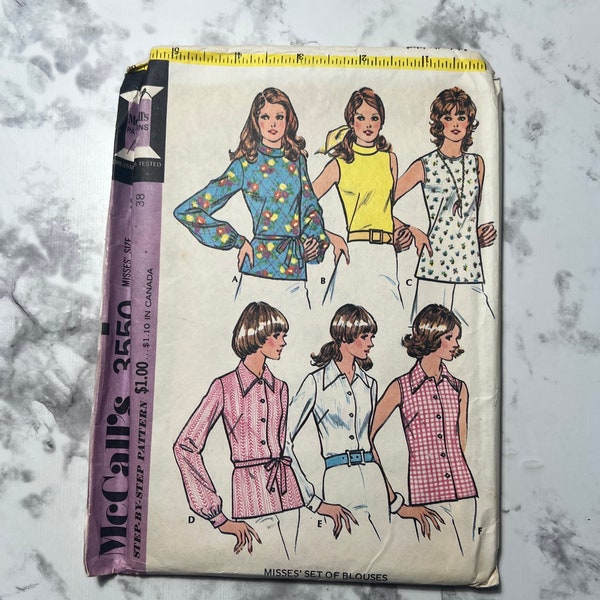 70s Misses Set of Blouses Pattern, Collared Button Down Shirt Pattern, Ladies Long Sleeve Blouse, McCall's 3550, Size 16, 38" Bust, Uncut