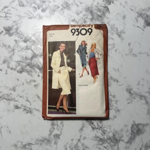 May include: Simplicity sewing pattern number 9309 for sizes 12 and 14. The pattern features three different outfits, including a white skirt suit with a long jacket, a blue jacket with a skirt, and a red skirt with a white top.