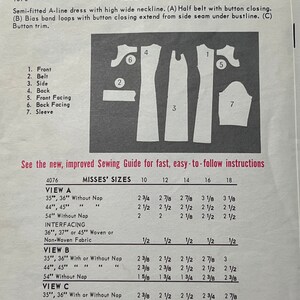 May include: A sewing pattern for a one-piece dress with a high neckline and a half belt. The pattern includes seven pieces: front, belt, side, back, front facing, back facing, and sleeve. The pattern is for misses' sizes 10-18. The pattern is for a semi-fitted A-line dress with bias band loops and button trim.