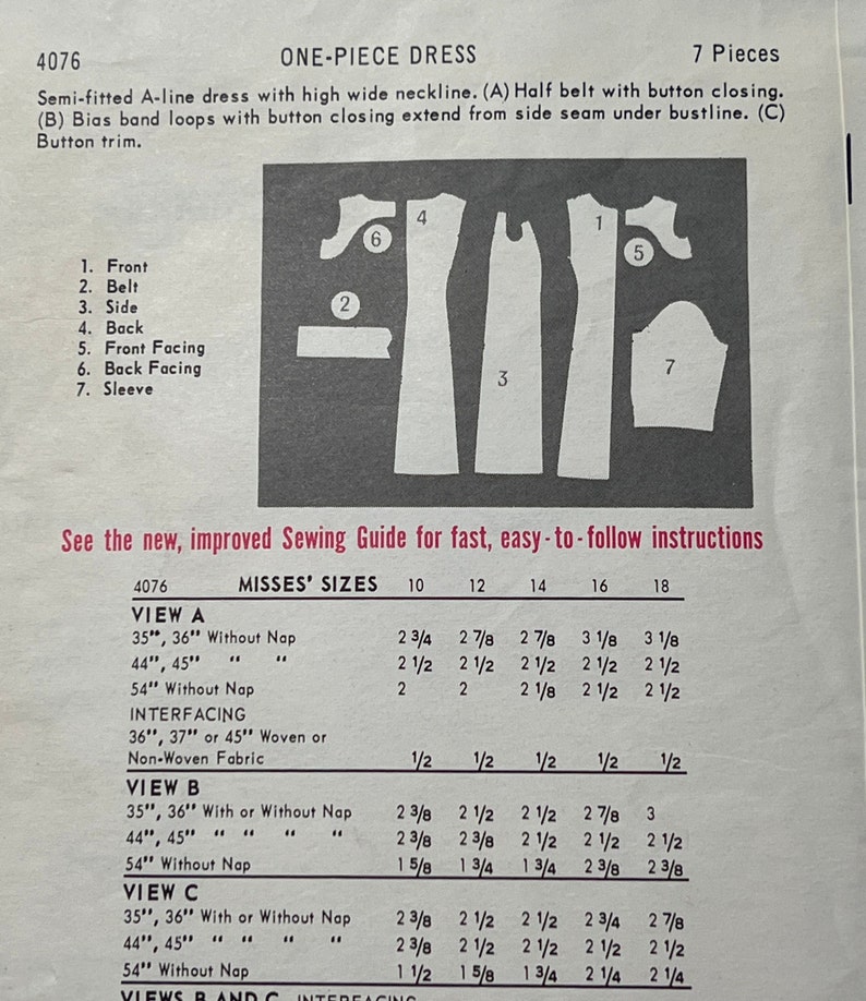 May include: A sewing pattern for a one-piece dress with a high neckline and a half belt. The pattern includes seven pieces: front, belt, side, back, front facing, back facing, and sleeve. The pattern is for misses' sizes 10-18. The pattern is for a semi-fitted A-line dress with bias band loops and button trim.