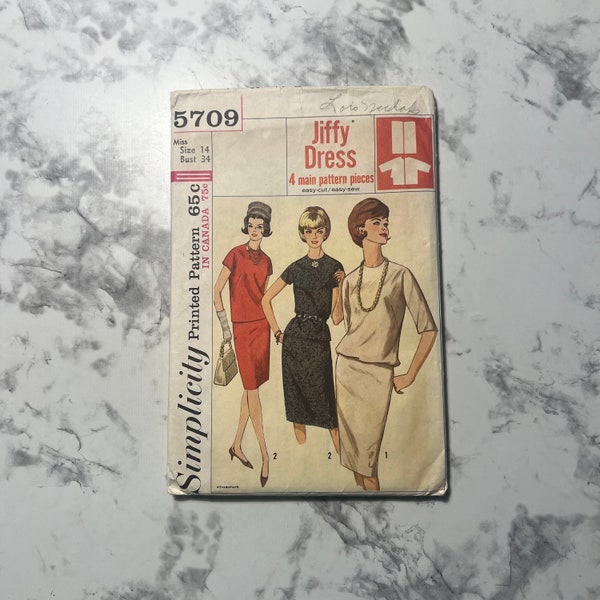 60s Misses' Two-Piece Jiffy Dress Pattern, Blouse with Short or Elbow Length Sleeves and Skirt, Simplicity 5709, Size 14, 34" Bust, Cut