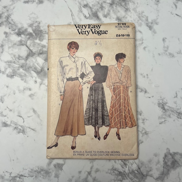 80s Very Easy Misses' Skirt Pattern, Flared High Waisted Midi Length Skirt Pattern, Vogue 9789, Size 14-16-17, 28"-30"-32" Waist, Uncut