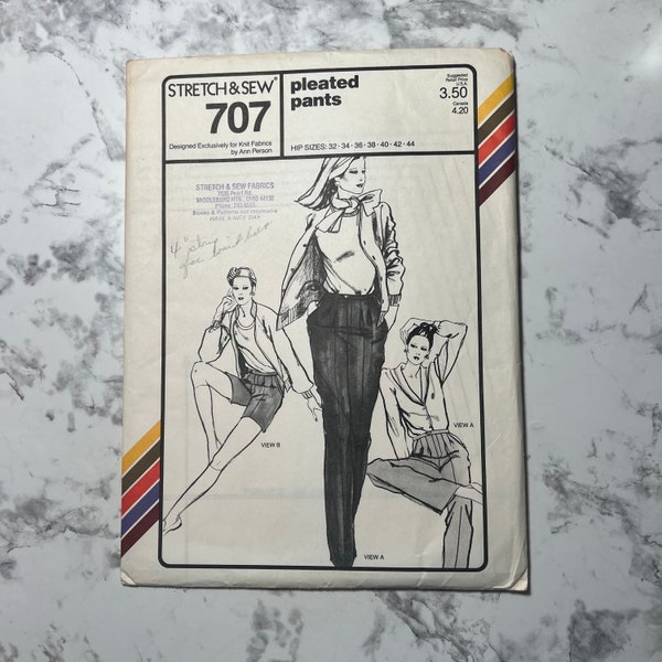 70s Pleated Pants Pattern, High Waisted Wide Leg Trousers or Shorts Pattern, Stretch & Sew 707, 32"-44" Hip, 22-34.5" Waist, Uncut