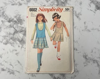 60s Girls' Blouse and Jumper Pattern, Sleeveless Dress and Long or Short Sleeve Shirt, Simplicity 6602, Size 8 Girl, 26" Breast, Uncut