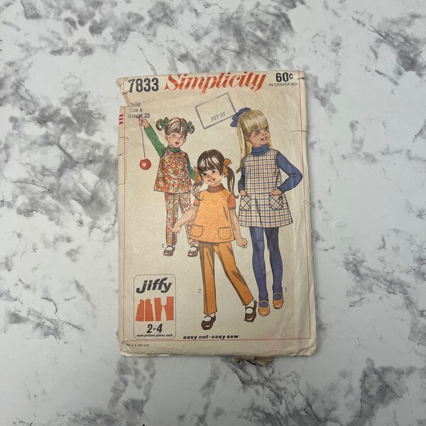 60s Simple to Sew Child's Jiffy Jumper or Top and Pants Pattern, Easy Sleeveless Top or Dress, Simplicity 7833, Size 4, 23" Breast, Cut