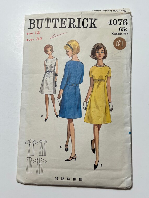 60s One Piece Dress Pattern, Semi Fitted A Line Dress with Sleeve Variations, Butterick 4076, Size 12, 32" Bust, 25" Waist, 34" Hip, Cut