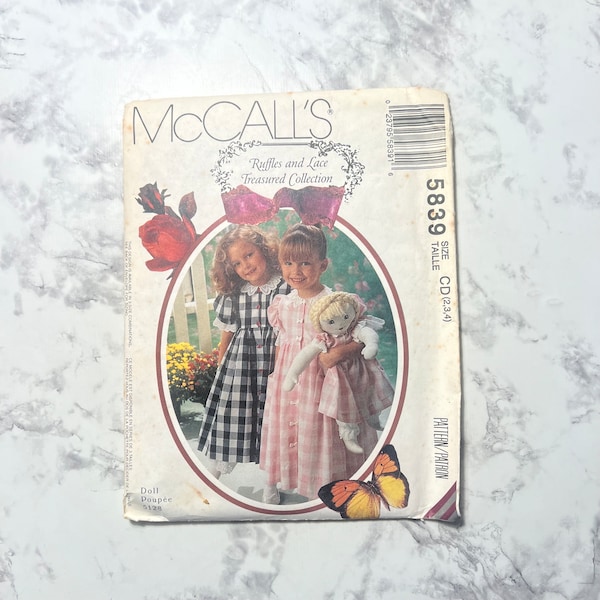 90s Ruffles and Lace Treasured Collection Children's Dress, Pantaloon,& Doll's Dress, Pantaloon Pattern, McCall's 5839, Size CD 2-3-4, Uncut