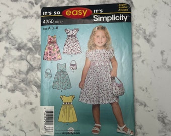 Easy Child's Dress and Purse Pattern, Simple to Sew Short Sleeve or Sleeveless Dress and Bag Pattern, Simplicity 4250, Size A 3-8, Uncut