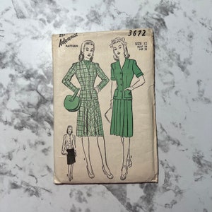 May include: Vintage sewing pattern for a skirt and jacket set. The pattern is for size 12, bust 30, hip 33. The pattern is illustrated with a woman wearing the skirt and jacket set in green.