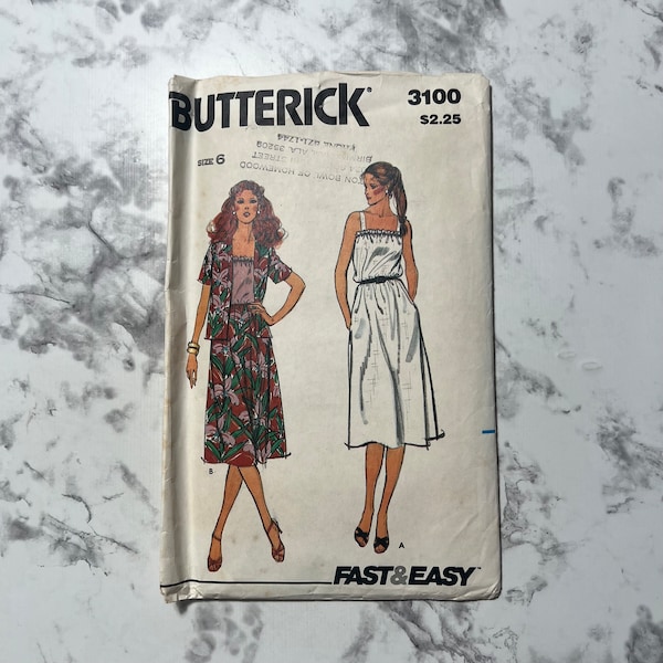 80s Fast and Easy Dress Pattern, MISSING JACKET PIECES, Sleeveless Dress with Pockets, Butterick 3100, Size 6, 30.5" Bust, 23" Waist, Uncut