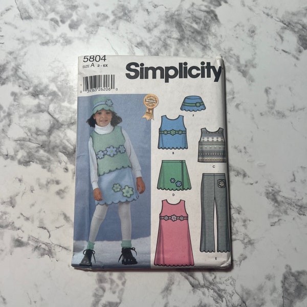 Early 2000s Child's Fleece Pullover Jumper or Vest, Skirt, Pants, and Hat Pattern, Flower Applique, Simplicity 5804, Size A 2-6X, Uncut