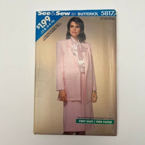80年代のとても簡単なスカートスーツのパターン、レディーススーツセットのパターン、ハイウエストのペンシルスキット、See and Sew by Butterick 5817、サイズ A (6-8-10)、カット