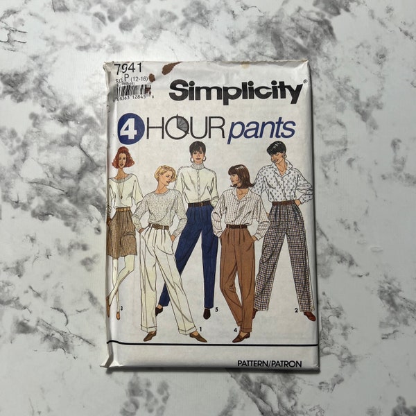 90s 4 Hour Pants Misses' Pants Or Shorts Pattern, Easy to Sew High Waisted Trousers or Shorts Pattern, Simplicity 7941, Size P 12-16, Uncut
