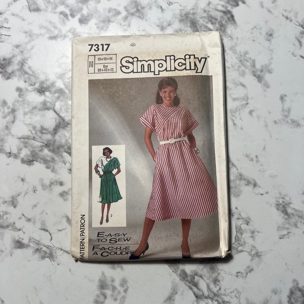 80s Easy to Sew Misses' Dress Pattern, Short Sleeve Colorblock Dress Pattern, Simplicity 7317, Size N 10-12-14, 32.5"-34"-36" Bust, Uncut