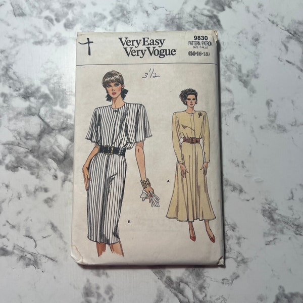 80s Very Easy Misses Dress Pattern, Simple to Sew Long or Short Sleeve Knee or Midi Length Dress Pattern, Vogue 9830, Size 14-16-18, Uncut