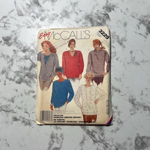 80s Easy Misses&#39; Tops Pattern for Stretch Knits Only, Long Sleeve Pullover Shirt with Neckline Variations, McCall&#39;s 3229, Size Medium, Uncut