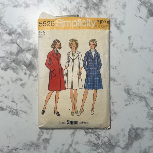 70s Look Slimmer Pattern, Misses and Women's Coat Pattern, MISSING BACK FACING, Knee Length Coat,  Simplicity 5526, Size 14, 36" Bust, Cut