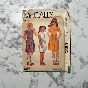 80s Quick And Easy Girls&#39; Dress Pattern, Simple to Sew Cap Sleeve Girls&#39; Knee Length Dress Pattern with Pockets, McCall&#39;s 6935, Size 10, Cut