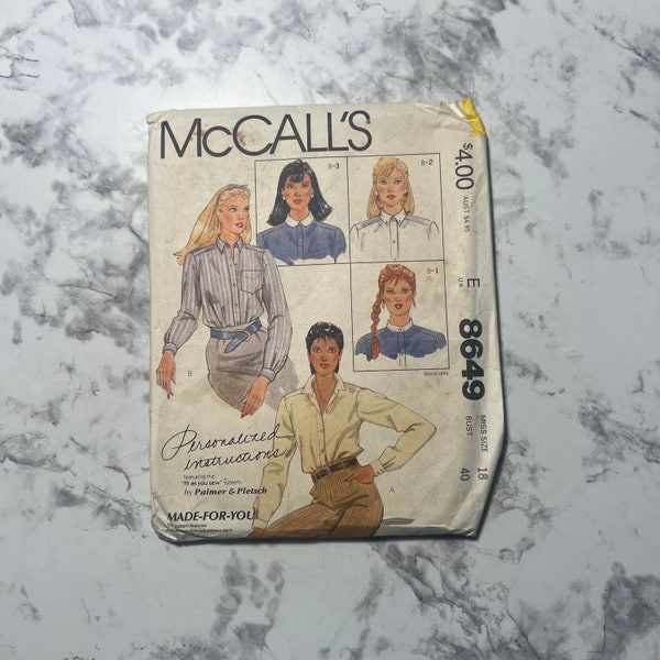 80s Misses' Shirts Pattern, Long Sleeve Collared Button Down Shirt Pattern with Collar Variations, McCall's 8649, Size 18, 40" Bust, Uncut