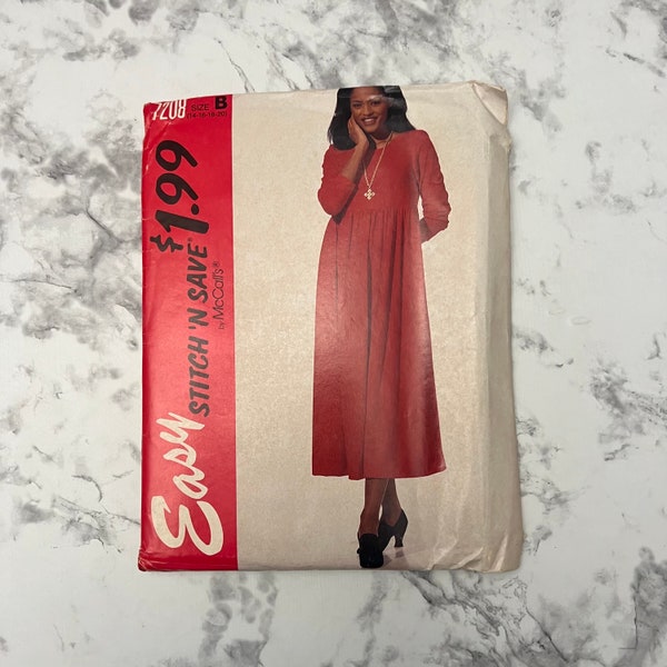 90s Easy Misses' Dress Pattern, Long Sleeve Empire Waist Midi Length Dress, Stitch 'N Save by McCall's 7208, Size B 14-16-18-20, Uncut