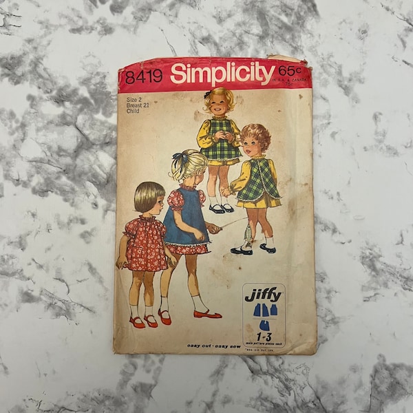 60s Simple to Sew Childs Jiffy Dress and Pinafore, Kids Long or Short Sleeve Dress w/ Apron, Simplicity 8419, Size 2 Child, 21" Breast, Cut