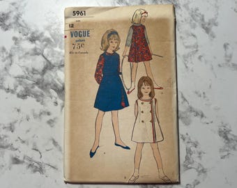 60s Blouse With Reversible Jumper Dress Pattern, Girl's Sleeveless Dress and Collared Shirt Pattern, Vogue 5961, Size 12, 30" Breast,  Cut