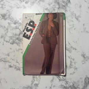 May include: A vintage Simplicity ESP sewing pattern featuring a woman wearing a brown plaid suit. The pattern number is 6637, with sizes 10-14. The packaging has a green and white stripe.