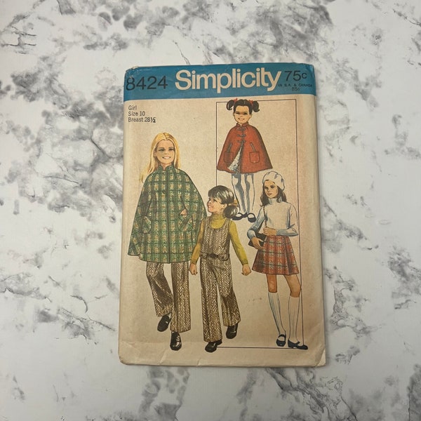 60s Child's and Girls' Pantjumper, Cape, and Wrap-Skirt Pattern, Sleeveless Jumpsuit, Simplicity 8424, Size 10 Girl, 28.5" Breast, Uncut