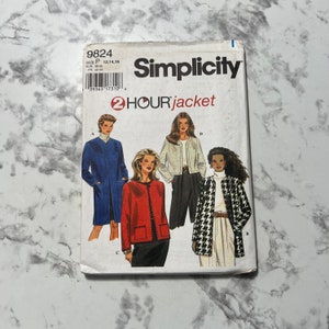 90s 2 Hour Jacket Pattern, Easy Misses' Jacket Pattern, Open Front Coat with Length Variations, Simplicity 9824, Size P 12-14-16, Uncut