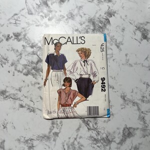 80s Misses&#39; Blouse Pattern, Loose Fitting Collared Button Down Shirt Pattern, Long or Short Sleeves, McCall&#39;s 9492, Size 12, 34&quot; Bust, Uncut