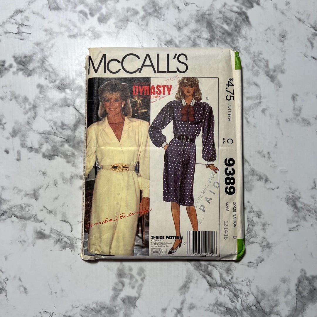 80s Dynasty Misses' Dress and Bow Pattern, Long Sleeve Collared