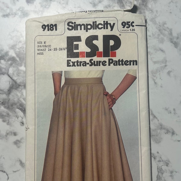 70s Extra Sure Pattern, Misses' Full Circle Skirt Pattern, Skirt with Pockets, Simplicity 9181, Size K 8-10-12, 24"-25"-26.5" Waist, Cut