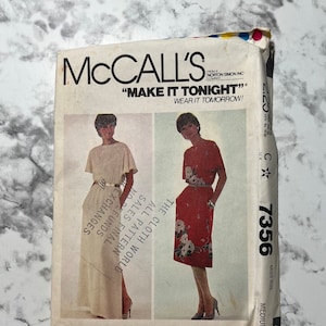 80s Make It Tonight Misses Dress Pattern, Easy Short Sleeve Knee or Maxi Length Dress, McCall&#39;s 7356, Size Medium 14-16, 36&quot;-38&quot; Bust, Uncut