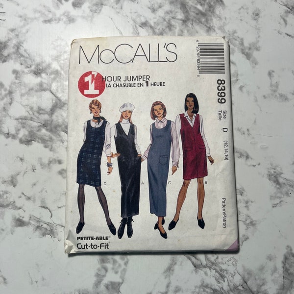 90s 1 Hour Jumper Pattern, Misses' Jumper Pattern in 2 Lengths, Sleeveless Mini or Midi Dress Pattern, McCall's 8399, Size D 12-14-16, Cut