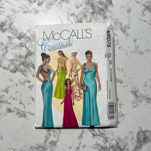 Create It! Misses' Dress Pattern, Sleeveless Open Back Floor Length Evening Gown Pattern, McCall's M6075, Size EE 14-16-18-20, Uncut