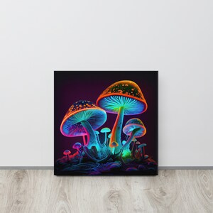 Der Waldboden, gerahmter Leinwanddruck, leuchtende Pilze, Biolumineszierende Pilzkunst, Farbphantasie-Wandkunst