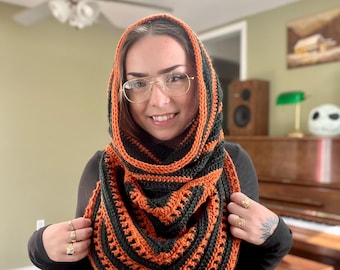 Black and Orange Wild Oleander Hooded Scarf