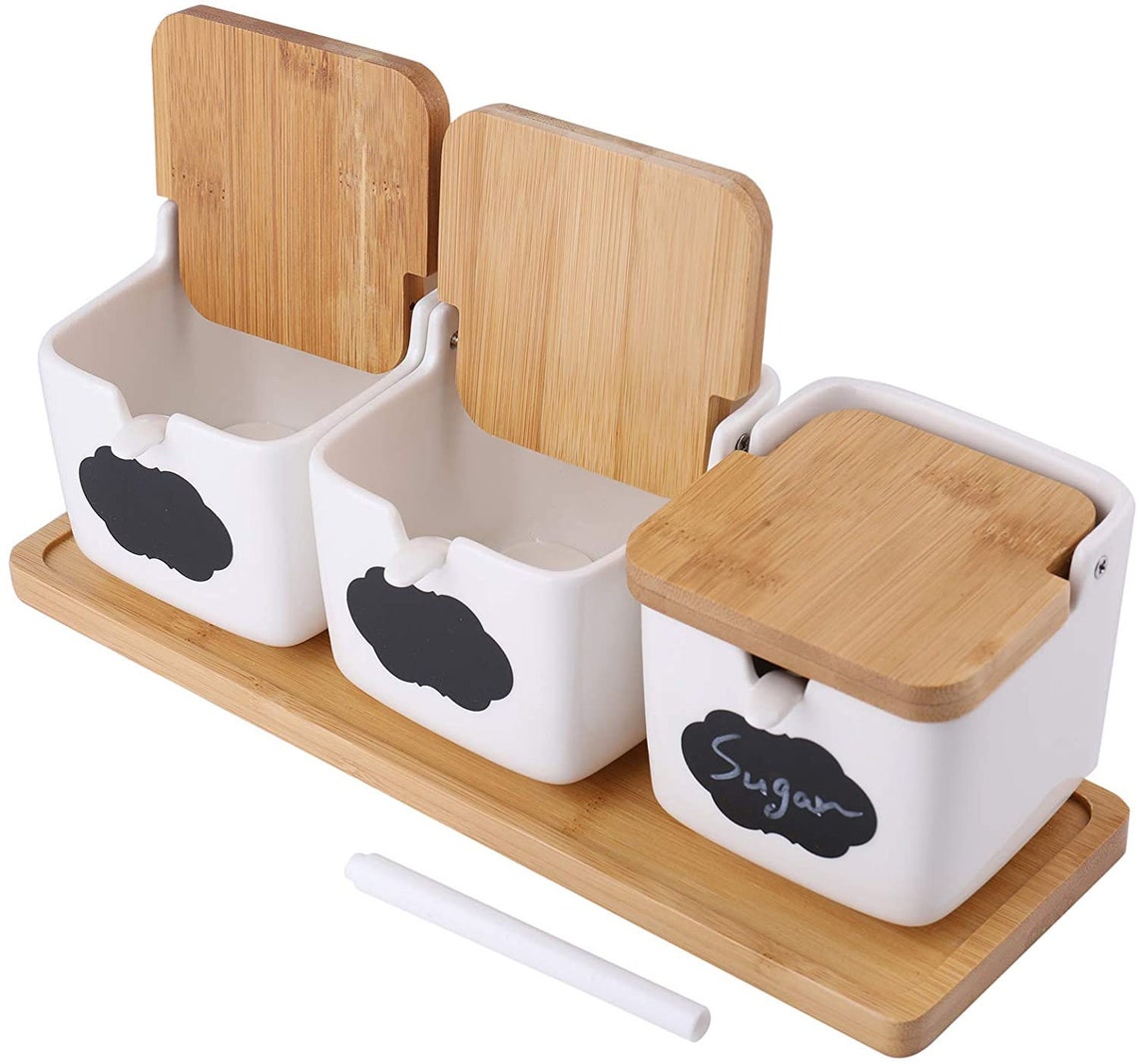 3 pack Ceramic Sugar Bowls Set with Spoons and Bamboo Lids Etsy